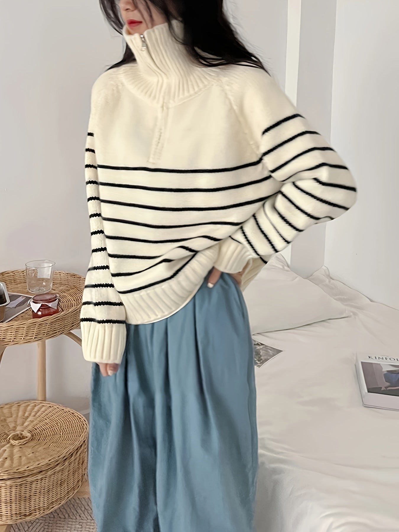 Striped Zipper Collar Sweater - Casual Long Sleeve Sweater For Fall & Winter