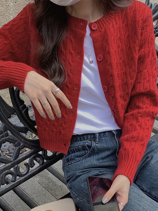 Solid Button Up Cable Knit Cardigan - Elegant Crew Neck Long Sleeve Sweater For Spring & Fall