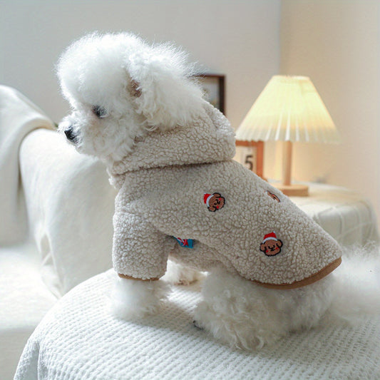 Beige Fleece Hooded Dog Jacket - Thickened Warm Knit Polyester Coat With Snap Buttons For Small Breeds