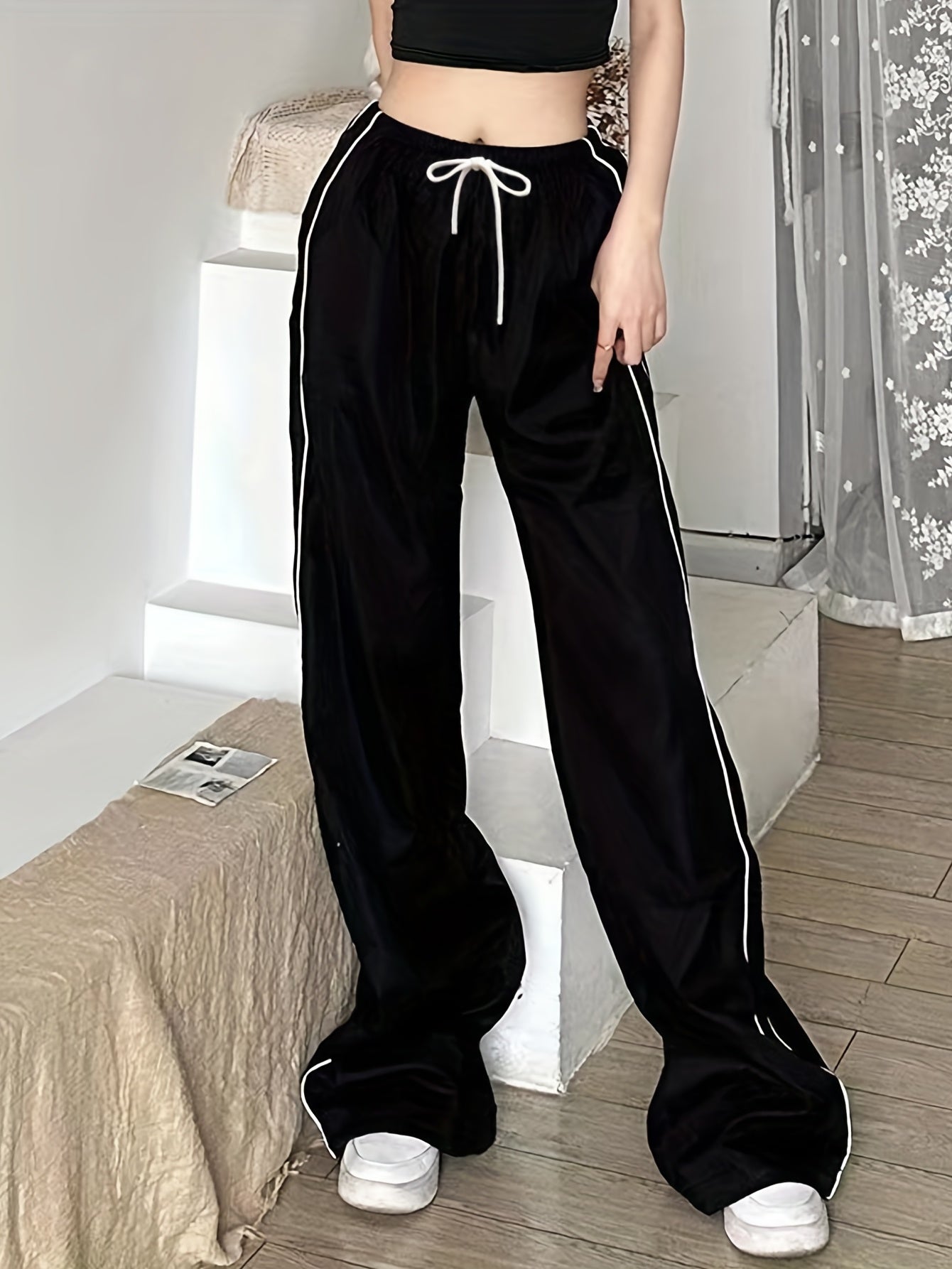 Y2K-Inspired Baggy Pants - Elastic Drawstring Waist-Comfort Fit-Casual Everyday Wear