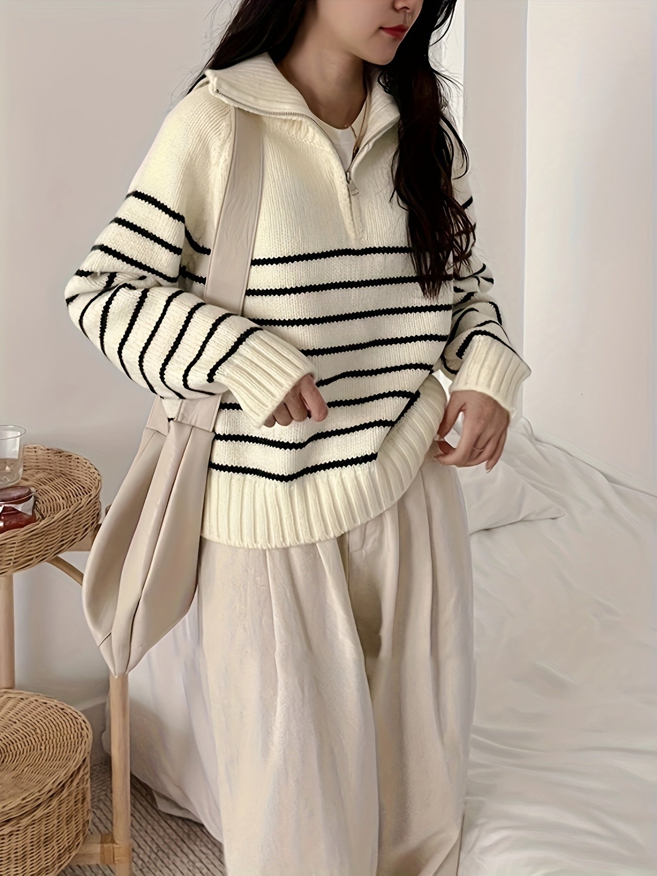 Striped Zipper Collar Sweater - Casual Long Sleeve Sweater For Fall & Winter