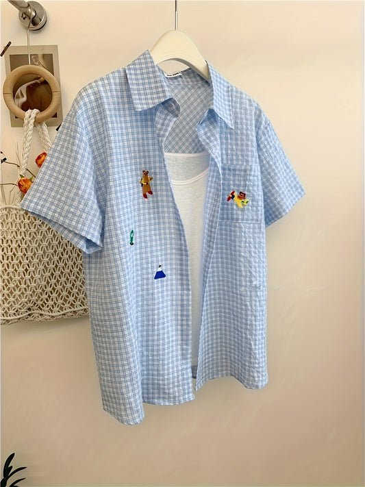 Embroidered Gingham Pattern Button Front Shirt