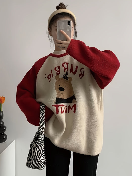 Bear Pattern Crew Neck Knitted Sweater - Casual Raglan Sleeve Pullover Sweater For Fall & Winter