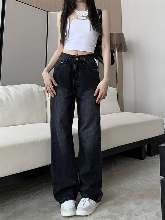 Vintage Style Women's High-Waisted Loose-Fit Black Straight-Leg Jeans: Effortlessly Chic Floor-Length Denim!