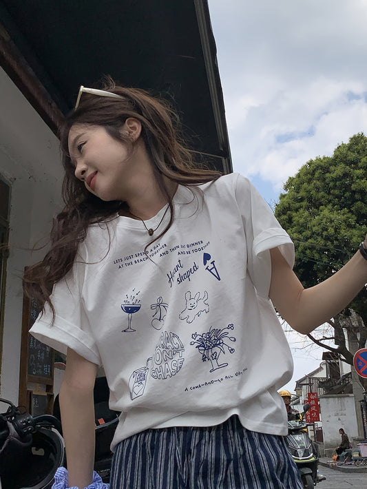 Cartoon Print Crew Neck T-Shirt - Casual Short Sleeve Top For Spring & Summer