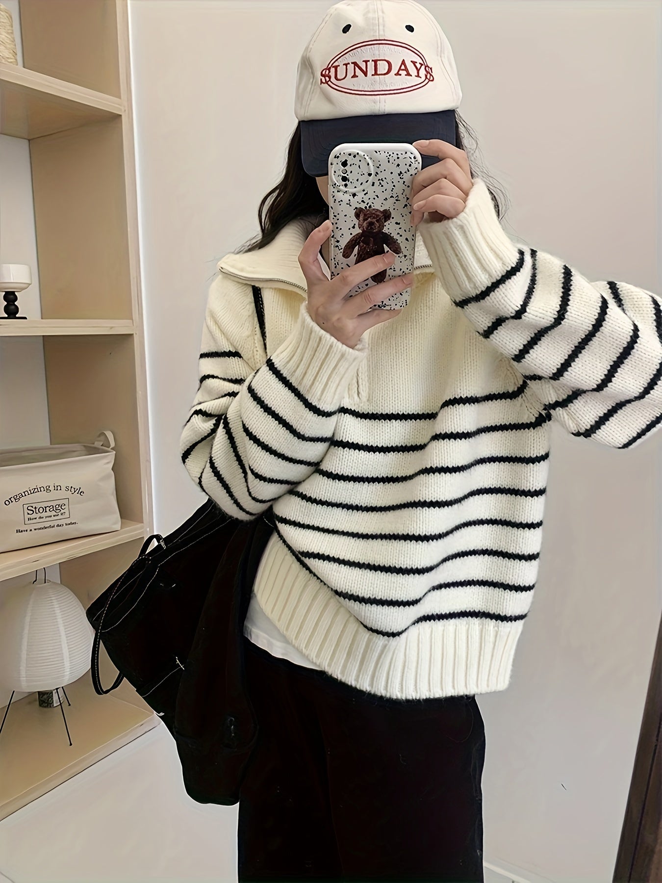 Striped Zipper Collar Sweater - Casual Long Sleeve Sweater For Fall & Winter