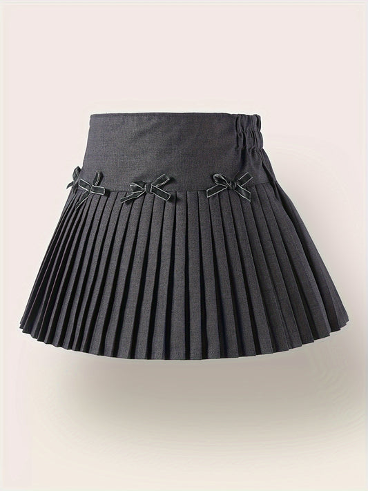 Girls Pleated Mini Skirt - Chic Black Bow-Knot Design, Classic Preppy Style, Solid High Waist, Built-in Safety Shorts, Flattering Mini Length