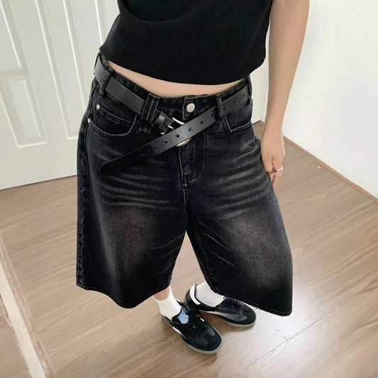 Black Y2k Style Baggy Denim Shorts Women Wide Leg Short Pants