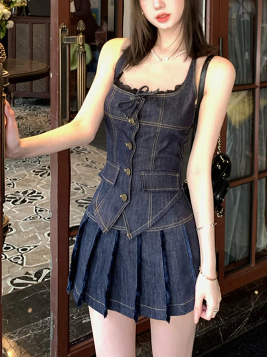 Korean Single Breasted Denim Halter Tops + Women Fashion Sexy Pleated Skirt Hot Girls