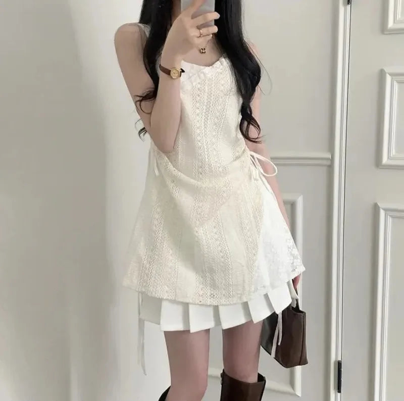 Summer Dress Women Chic French Lace Stitching Sling Shirt Stacked Gauze Knitted Dress