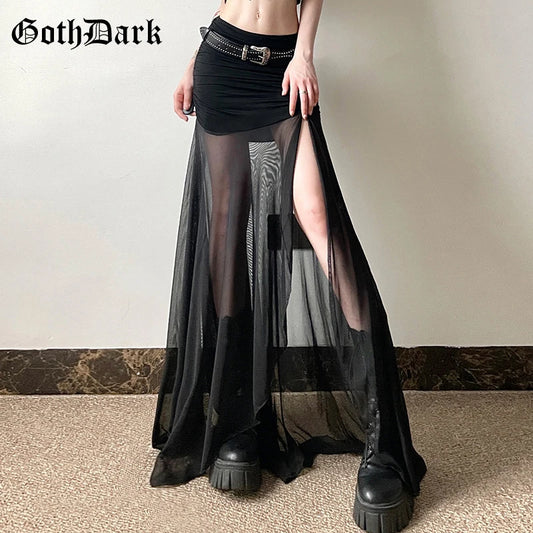 Goth Dark Mall Goth High Waist Mesh Patchwrok Mid Skirts