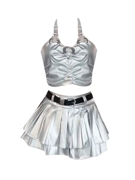 Gyaru Silver Halter Top Cozy + High Waist Pleated Skirt Elegant Coquette Grunge