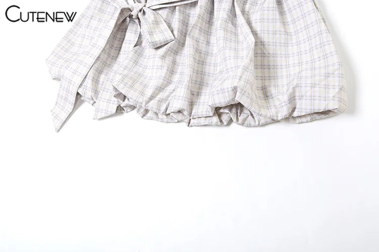 Women Plaid Print Fashion Shirring Tanks Tops+Bow Bandage Pleated Skirts