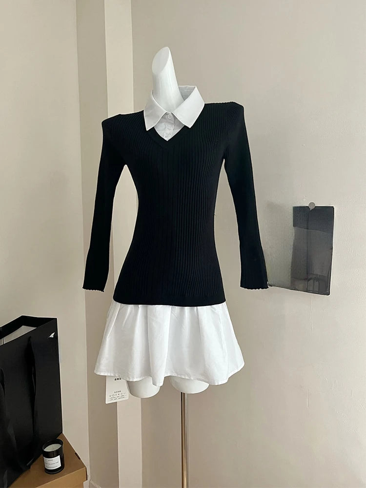 Summer Preppy Style Fake Two Pieces Mini Knitted Shirts Dress