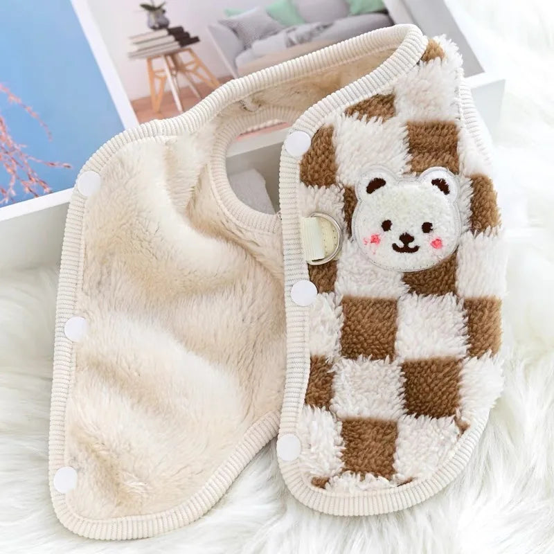 Winter Cat Dog Clothes with Buckle Sweet Bear Print Pet Plush Sweater for Small Dogs