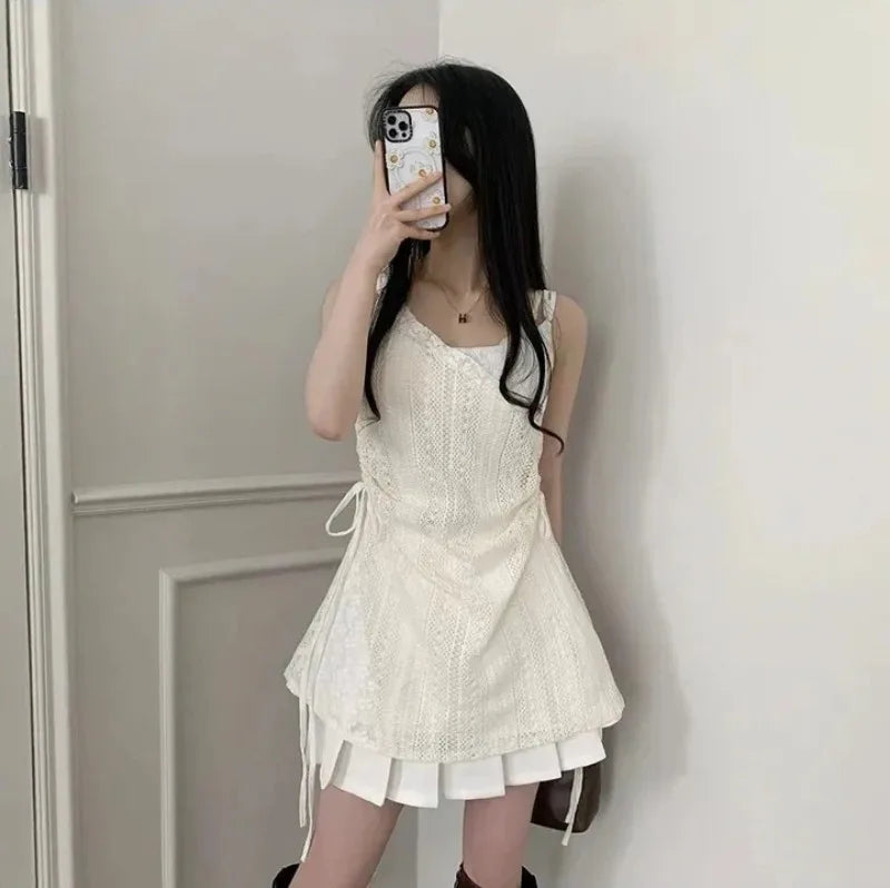 Summer Dress Women Chic French Lace Stitching Sling Shirt Stacked Gauze Knitted Dress