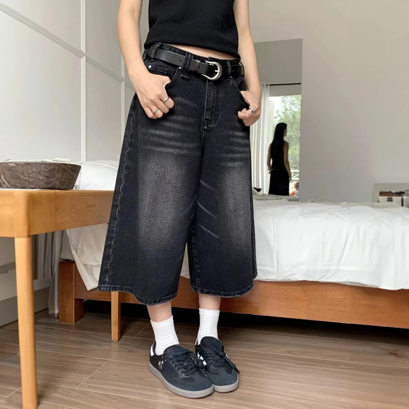 Black Y2k Style Baggy Denim Shorts Women Wide Leg Short Pants