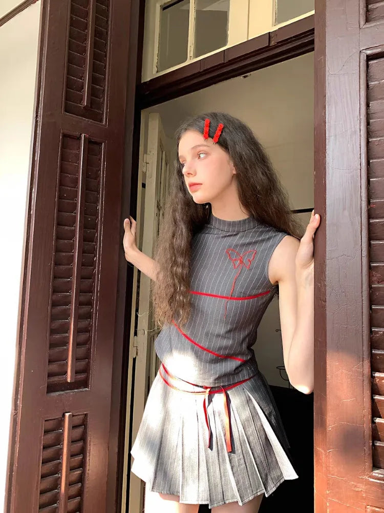 Summer Women Vintage Old Money 2000s Aesthetic Outfits 2 Piece Set Striped Tank Tops + A-line Mini Pleated Skirts Korean Fashion