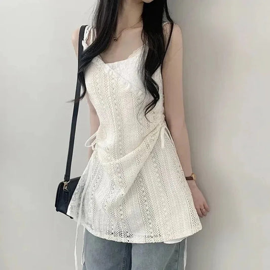 Summer Dress Women Chic French Lace Stitching Sling Shirt Stacked Gauze Knitted Dress