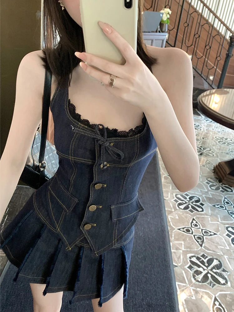 Korean Single Breasted Denim Halter Tops + Women Fashion Sexy Pleated Skirt Hot Girls