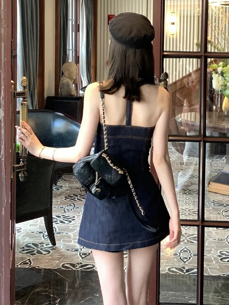 Korean Single Breasted Denim Halter Tops + Women Fashion Sexy Pleated Skirt Hot Girls