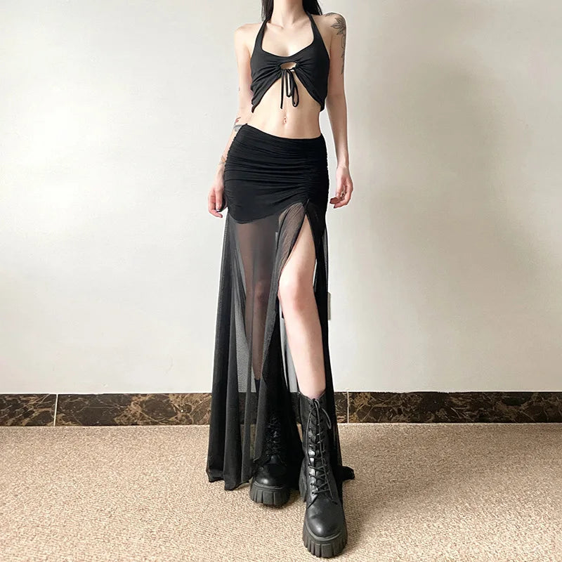 Goth Dark Mall Goth High Waist Mesh Patchwrok Mid Skirts