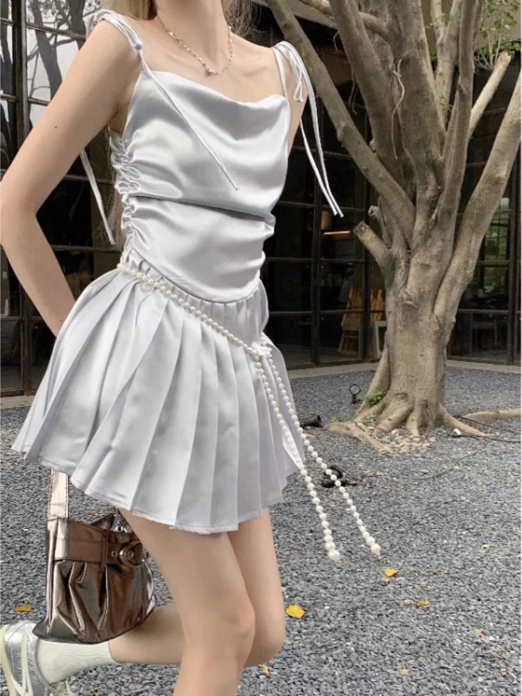 Y2k Aesthetic Pleated Belt Halter Dress