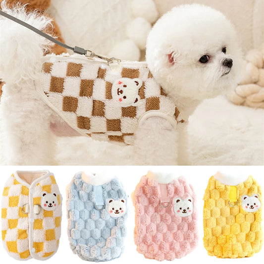 Winter Cat Dog Clothes with Buckle Sweet Bear Print Pet Plush Sweater for Small Dogs