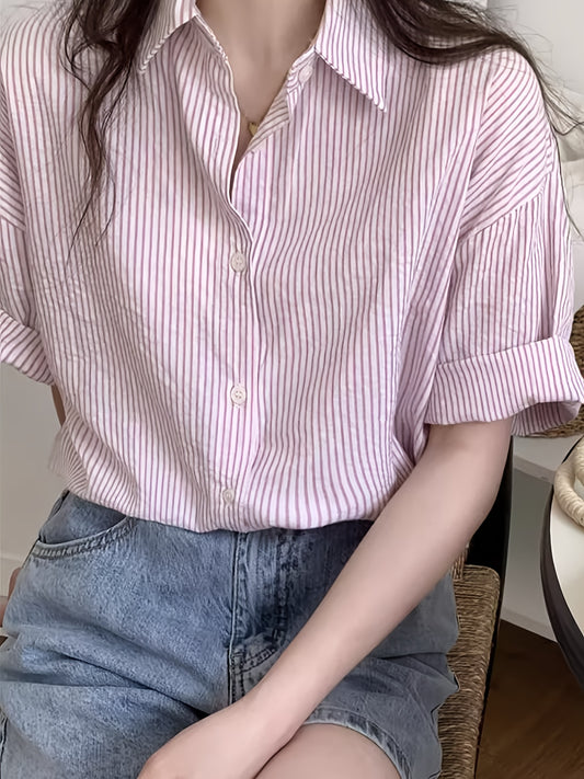 Striped Print Button Front Blouse - Casual Short Sleeve Blouse For Spring & Summer