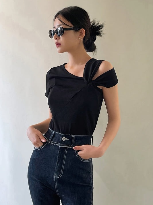 Chic Womens Asymmetrical Neck T-Shirt - Fashionable Short Sleeves, Graceful Design