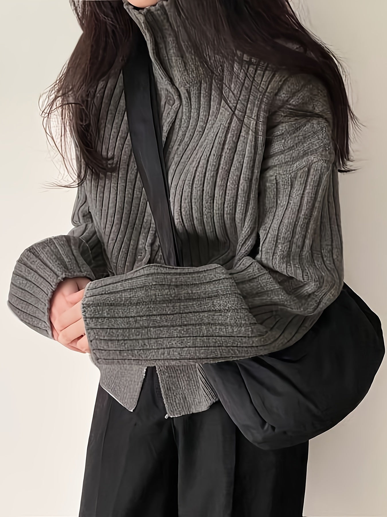 Womens Chic Solid Rib Knit Cardigan Sweater - Button Up Turtle Neck, Flowy Long Sleeves, Loose Fit