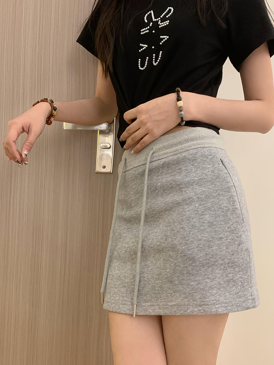 Solid Color Drawstring Elastic Waist Skirt - Casual A-line Skirt For Spring & Summer