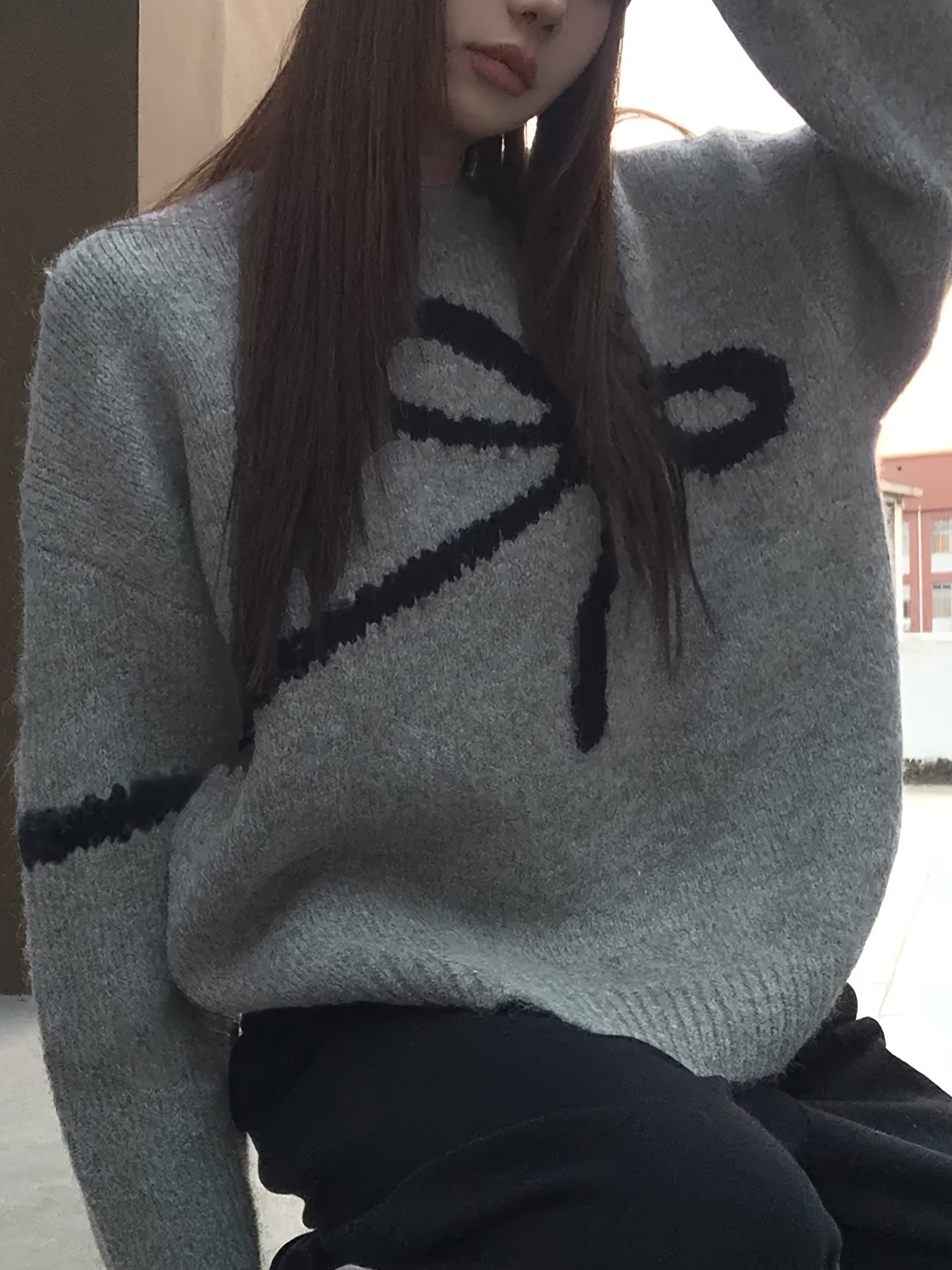 Cozy Bow Pattern Crew Neck Sweater - Soft, Elegant, Long Sleeve Knitted Top for Fall and Winter