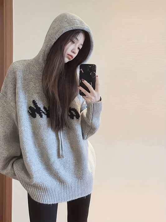 Letter Pattern Drawstring Hooded Sweater