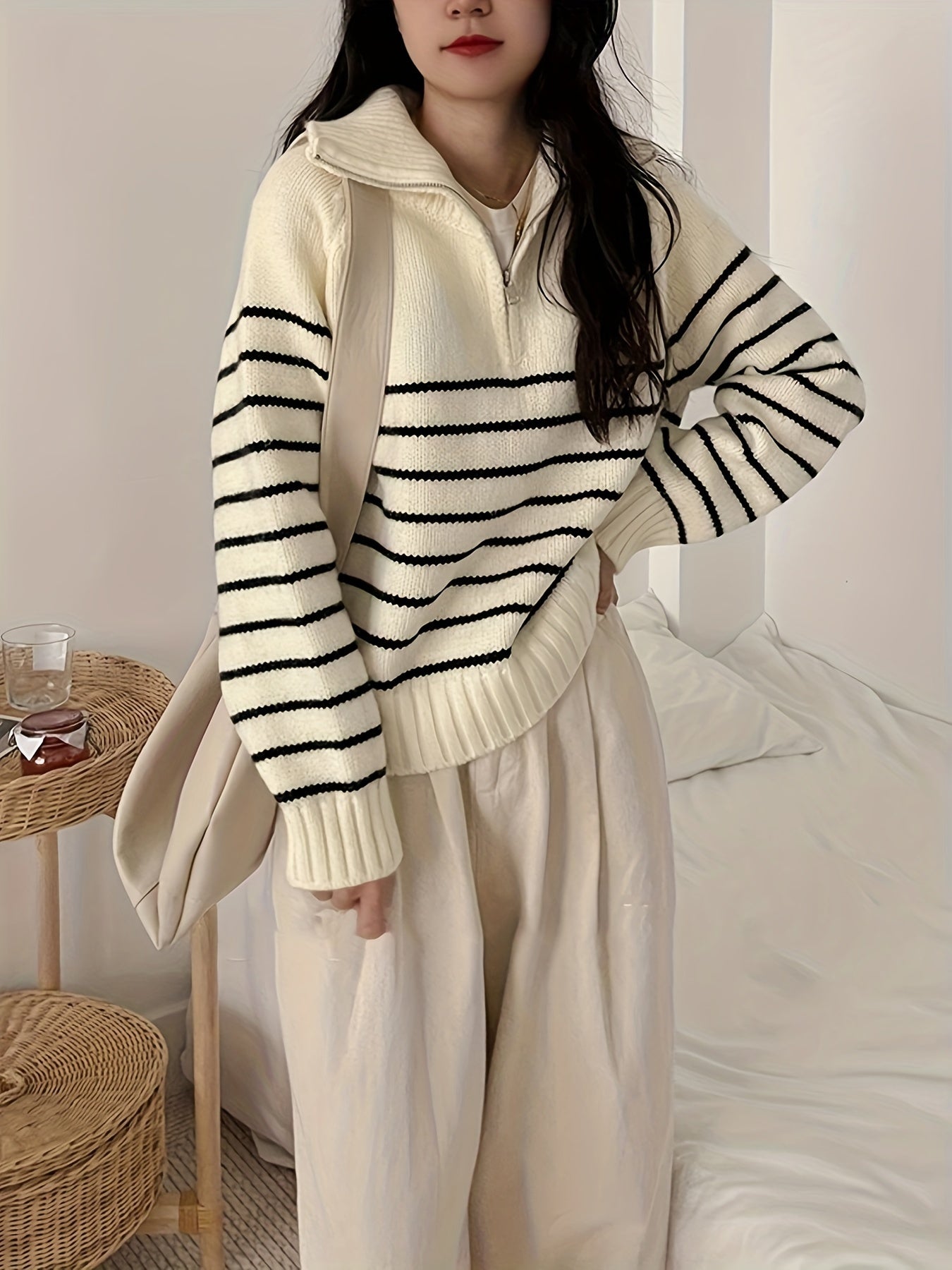 Striped Zipper Collar Sweater - Casual Long Sleeve Sweater For Fall & Winter